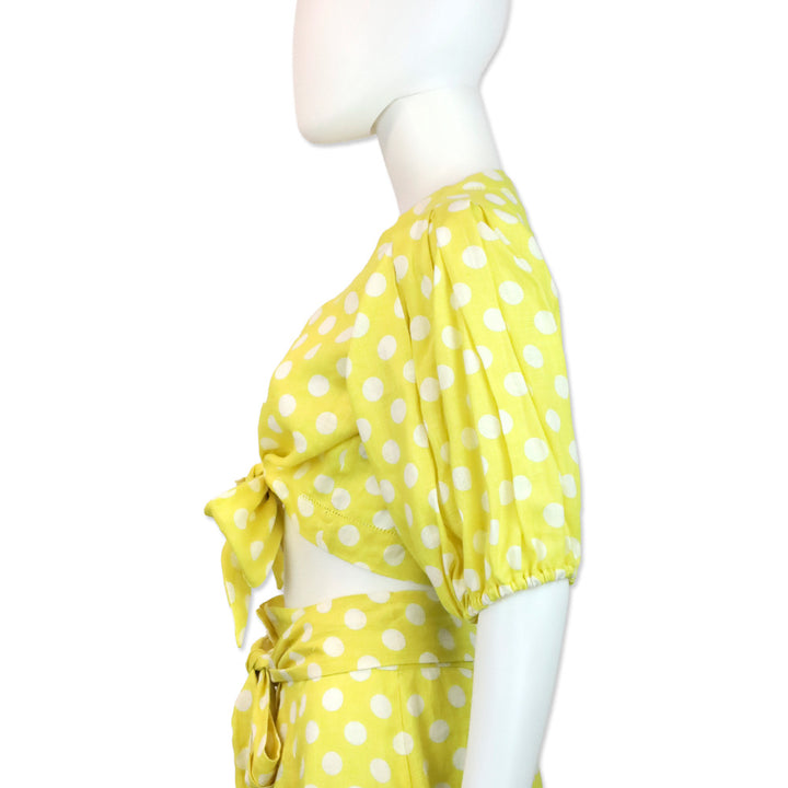 Lisa Marie Fernandez Yellow Polka Dot Pouf Linen Tie Front Blouse
