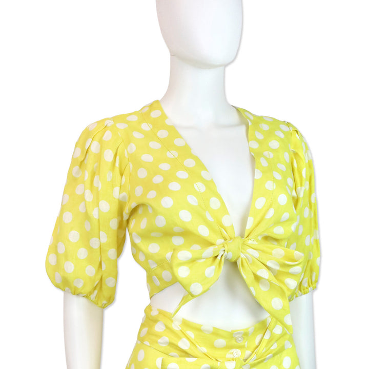 Lisa Marie Fernandez Yellow Polka Dot Pouf Linen Tie Front Blouse