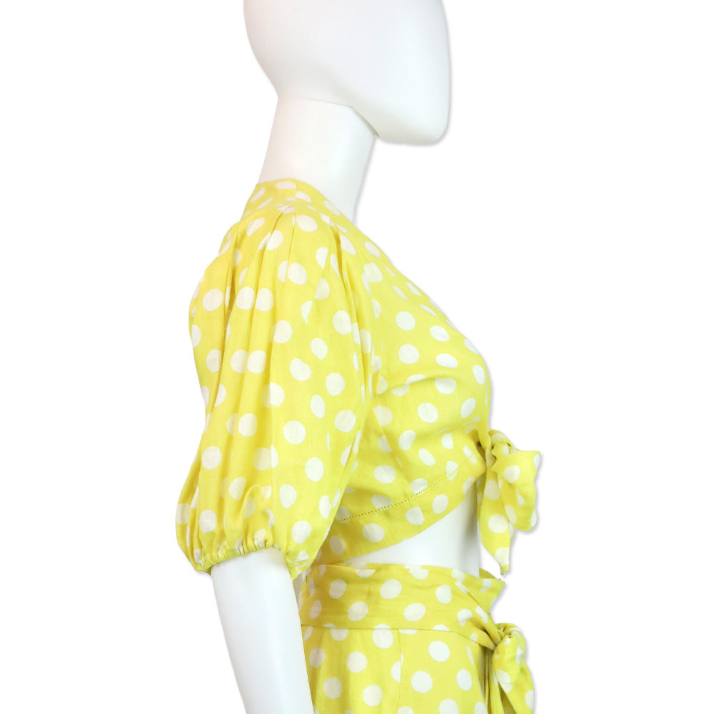 Lisa Marie Fernandez Yellow Polka Dot Pouf Linen Tie Front Blouse