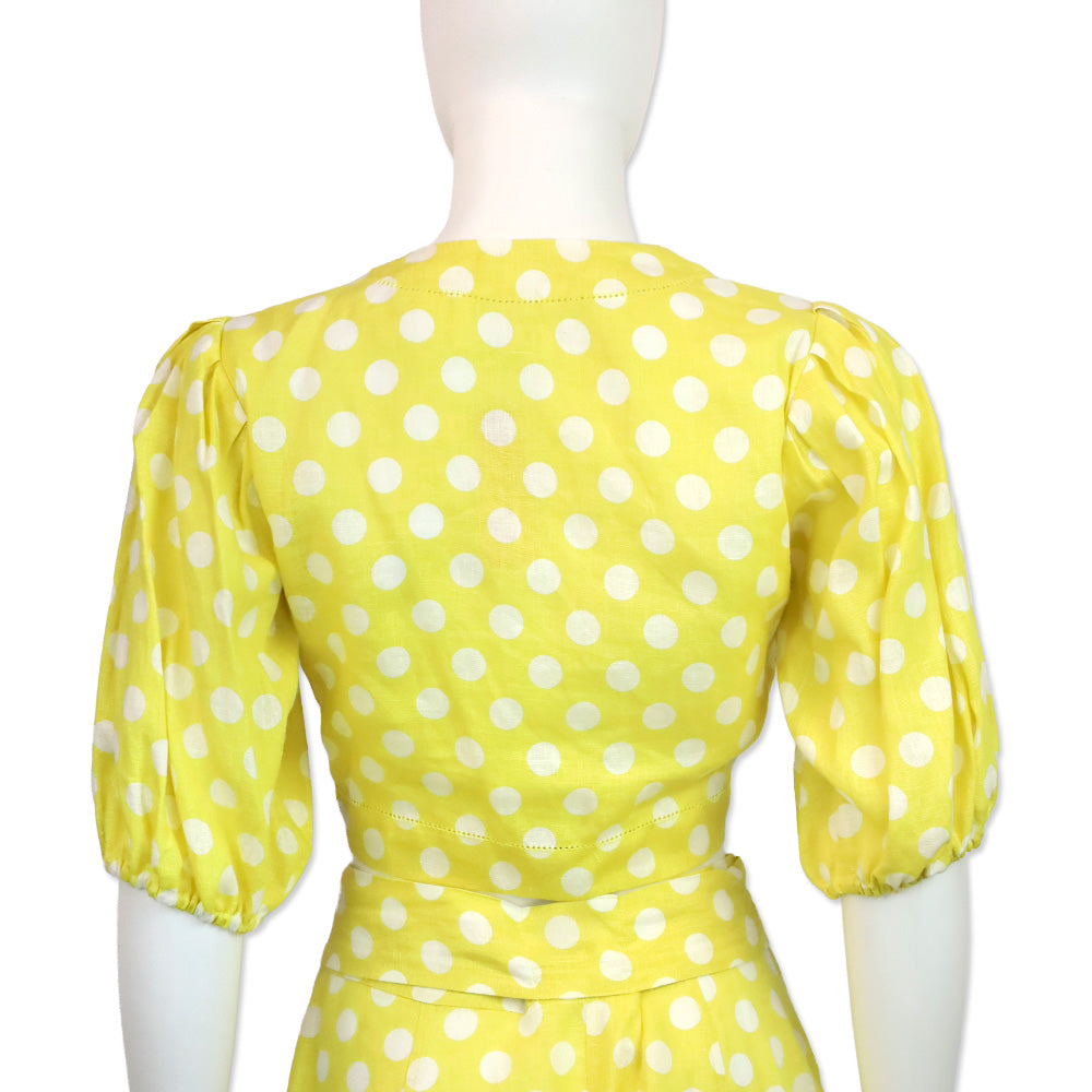 Lisa Marie Fernandez Yellow Polka Dot Pouf Linen Tie Front Blouse