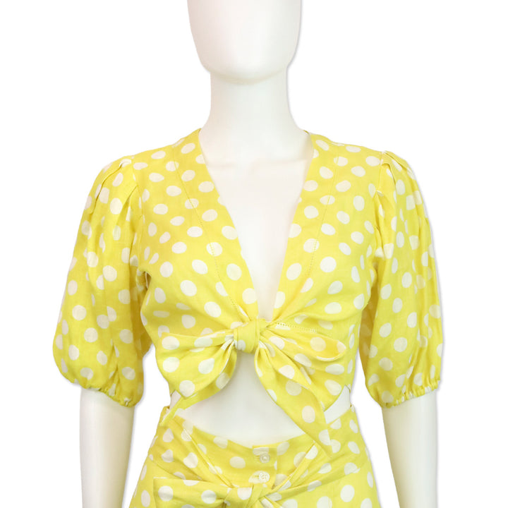 Lisa Marie Fernandez Yellow Polka Dot Pouf Linen Tie Front Blouse