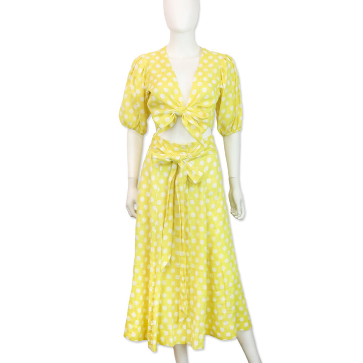 Lisa Marie Fernandez Yellow Polka Dot Pouf Linen Tie Front Blouse