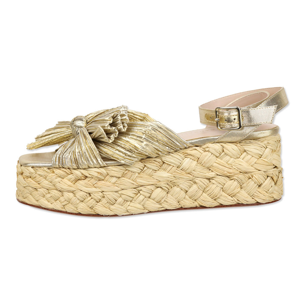 Loeffler Randall Gaby Gold Pleated Bow Braided Raffia Platform Sandal