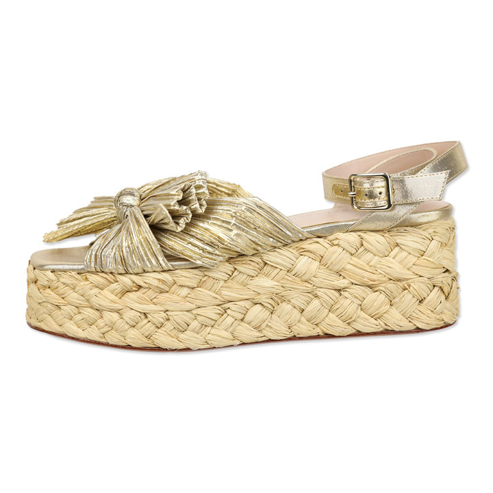 Loeffler Randall Gaby Gold Pleated Bow Braided Raffia Platform Sandal