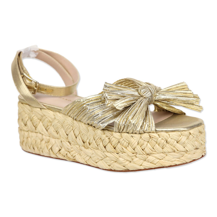 Loeffler Randall Gaby Gold Pleated Bow Braided Raffia Platform Sandal