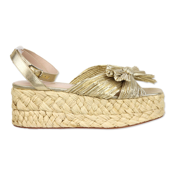 Loeffler Randall Gaby Gold Pleated Bow Braided Raffia Platform Sandal