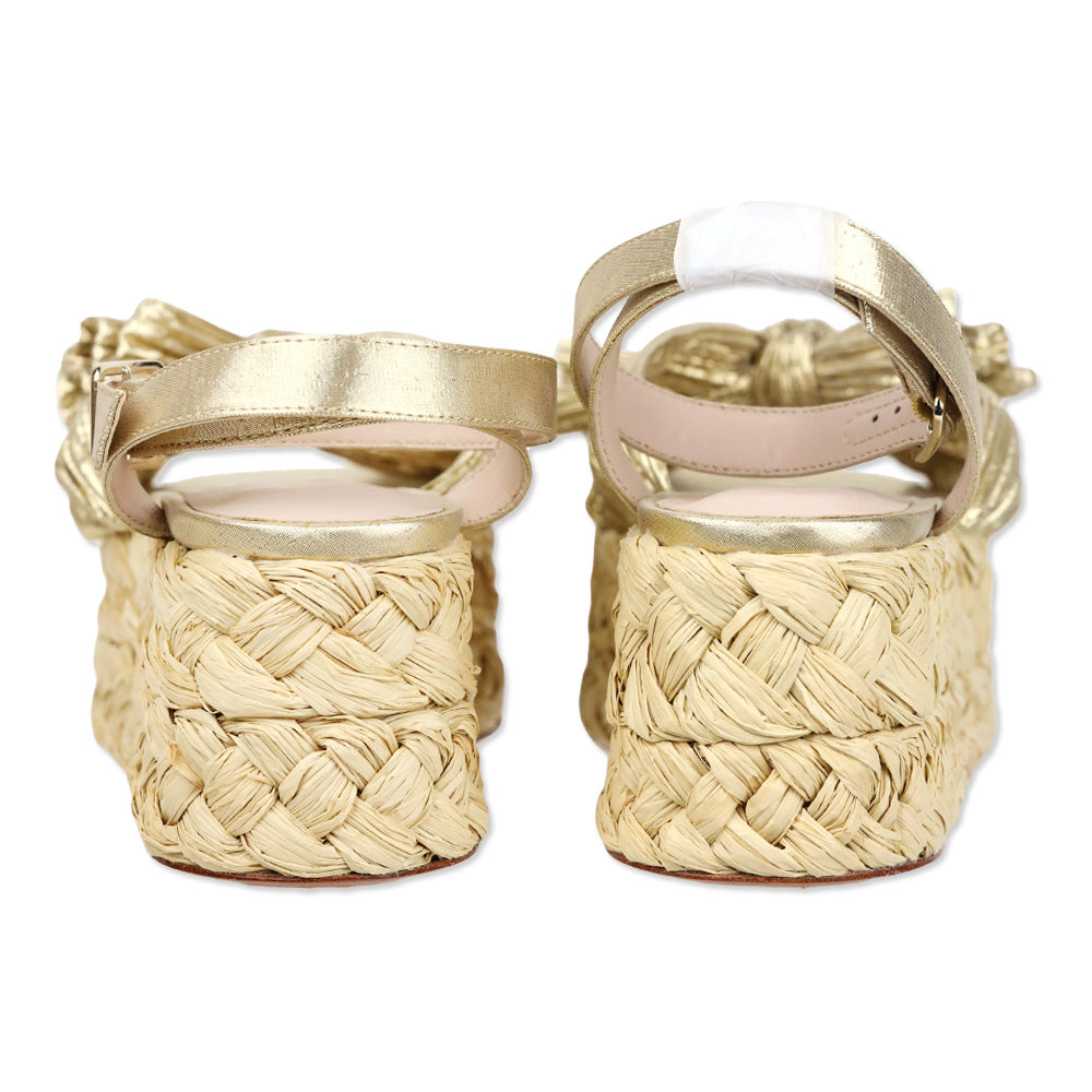 Loeffler Randall Gaby Gold Pleated Bow Braided Raffia Platform Sandal