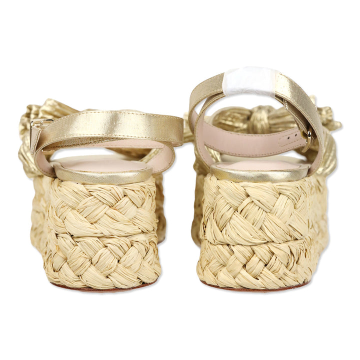 Loeffler Randall Gaby Gold Pleated Bow Braided Raffia Platform Sandal