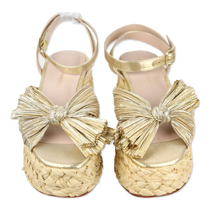 Loeffler Randall Gaby Gold Pleated Bow Braided Raffia Platform Sandal