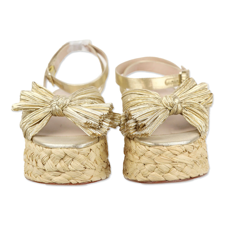 Loeffler Randall Gaby Gold Pleated Bow Braided Raffia Platform Sandal