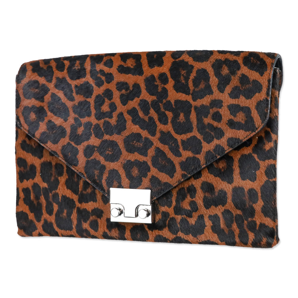 Loeffler Randall Leopard-Print Calf Hair Clutch Crossbody Bag