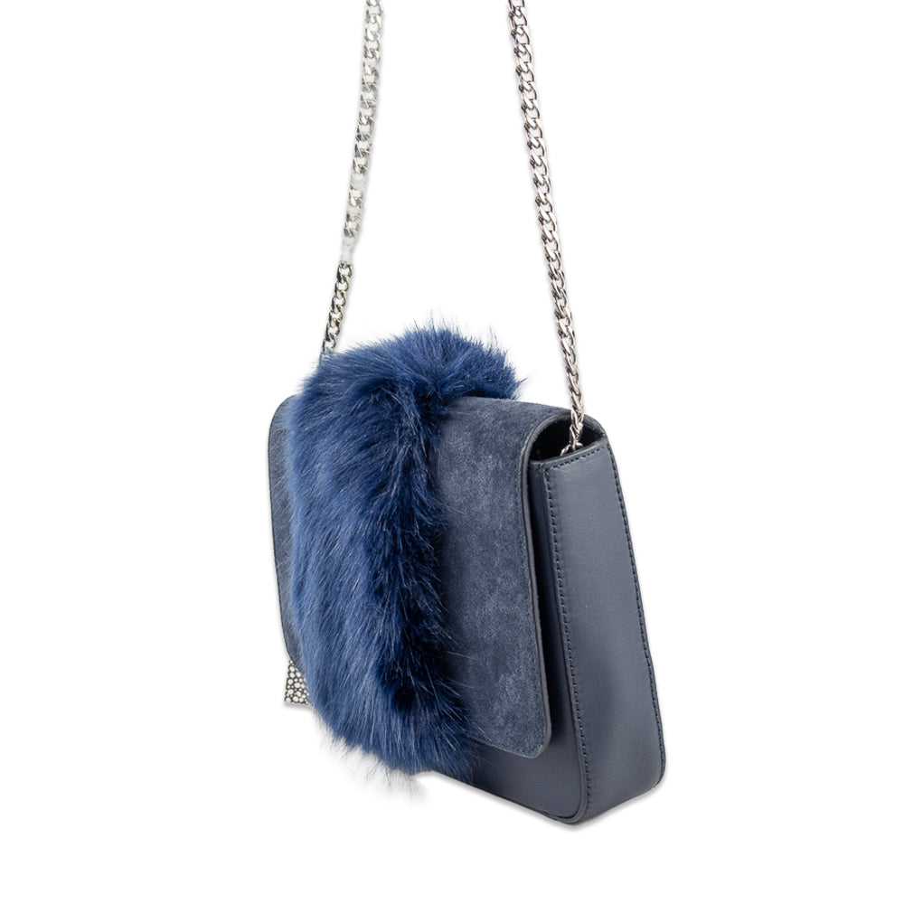 Loeffler Randall Navy Leather Faux Fur Crossbody Bag