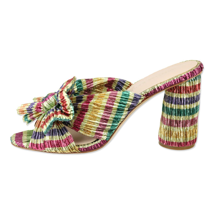 Loeffler Randall Penny Candy Rainbow Gold Pleated Organza Knot Mule