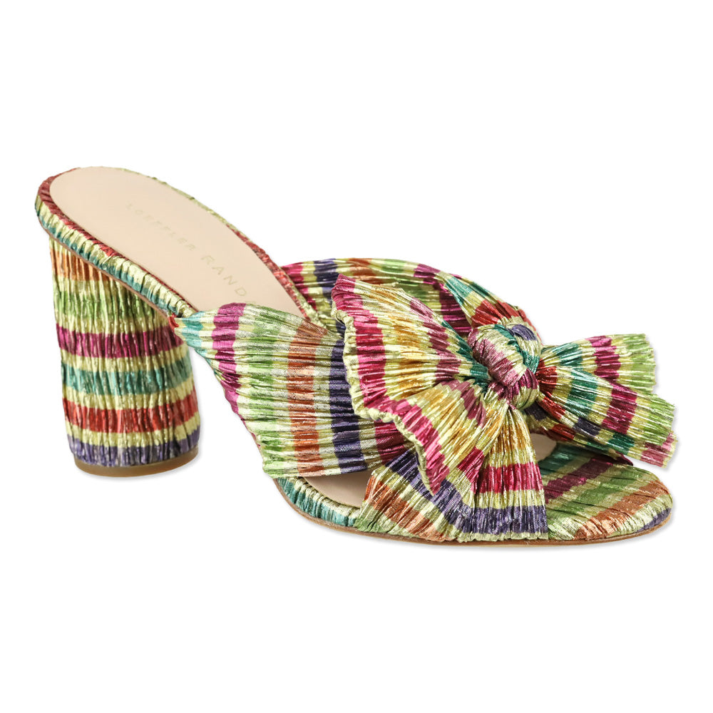 Loeffler Randall Penny Candy Rainbow Gold Pleated Organza Knot Mule