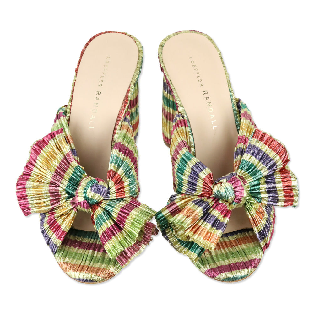 Loeffler Randall Penny Candy Rainbow Gold Pleated Organza Knot Mule