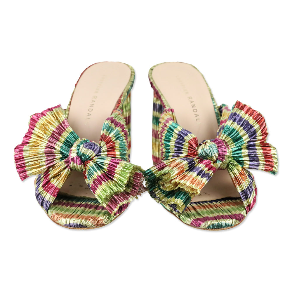 Loeffler Randall Penny Candy Rainbow Gold Pleated Organza Knot Mule