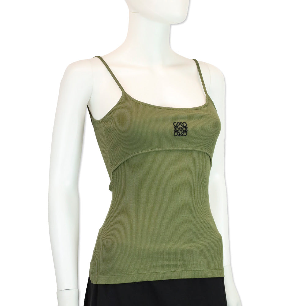 Loewe Khaki Green Anagram Logo-Embroidered Stretch-Cotton Strappy Top