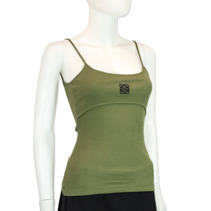 Loewe Khaki Green Anagram Logo-Embroidered Stretch-Cotton Strappy Top
