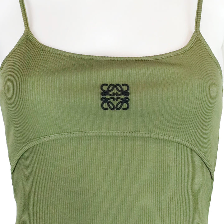 Loewe Khaki Green Anagram Logo-Embroidered Stretch-Cotton Strappy Top