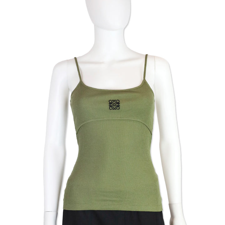 Loewe Khaki Green Anagram Logo-Embroidered Stretch-Cotton Strappy Top