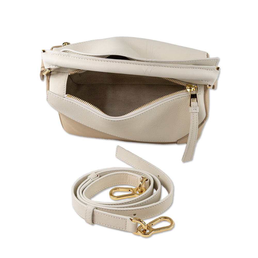 Loewe Small Puzzle Bag in Tan/ White Leather