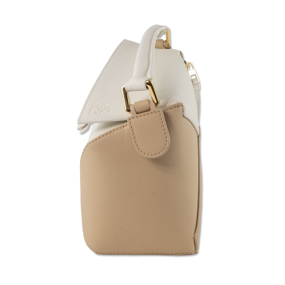 Loewe Small Puzzle Bag in Tan/ White Leather