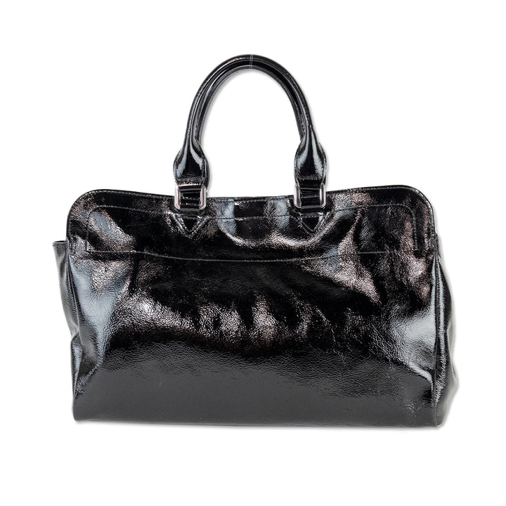 Longchamp Black Patent Leather Top Handle with Animal Print Lining