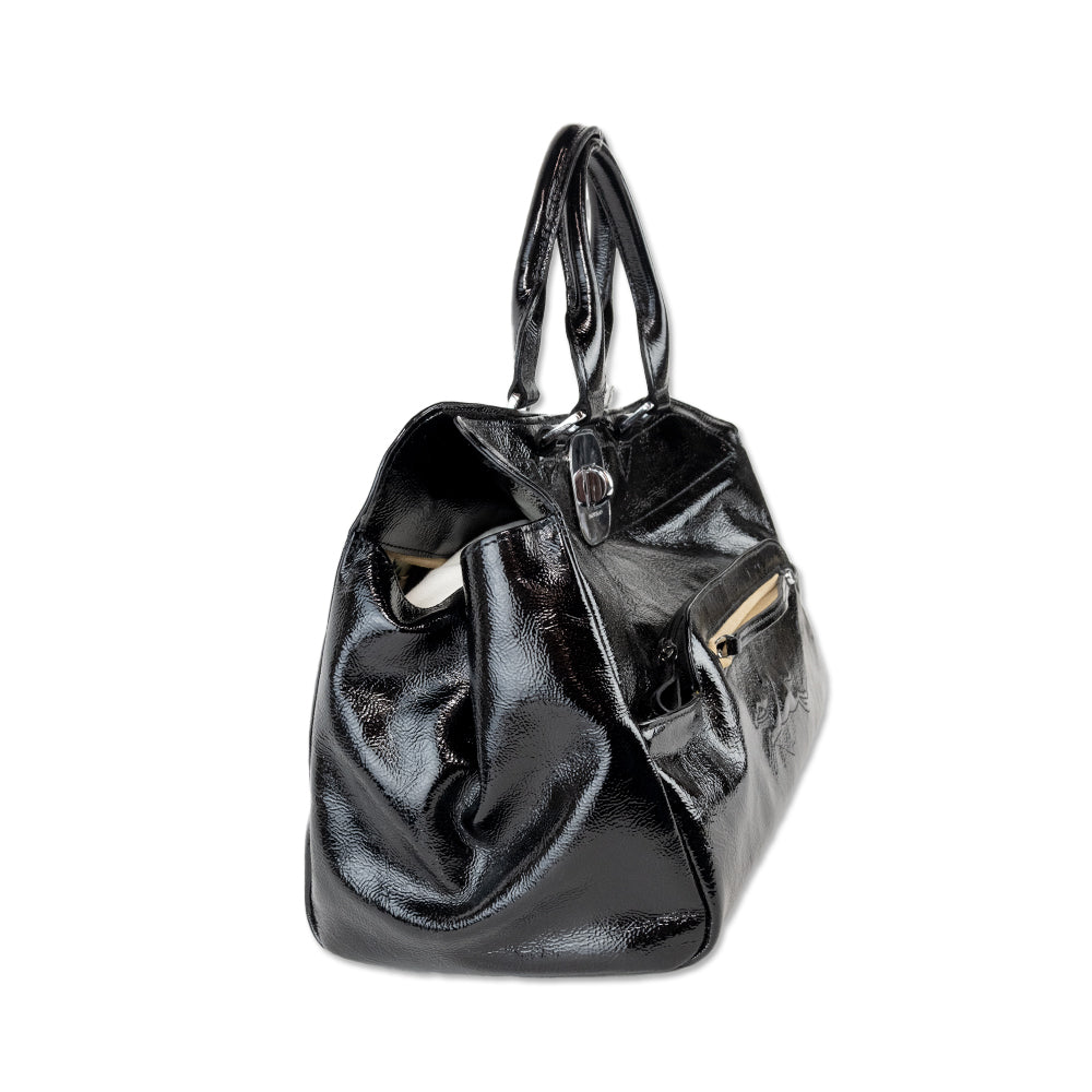 Longchamp Black Patent Leather Top Handle with Animal Print Lining