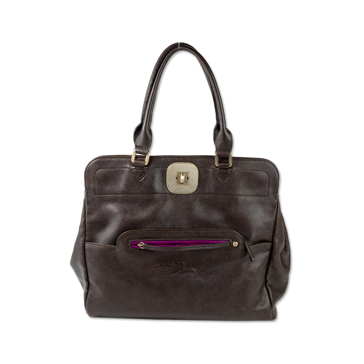 Longchamp Brown Leather Tote with Pink Suede Accent Exterior Pocket