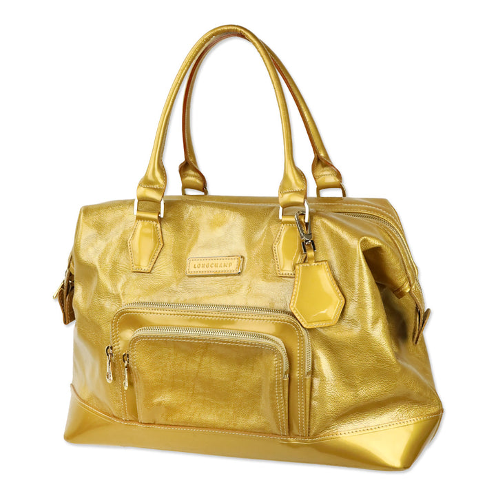 Longchamp Gold Crinkle Vernis Large Legende Verni Dome Satchel