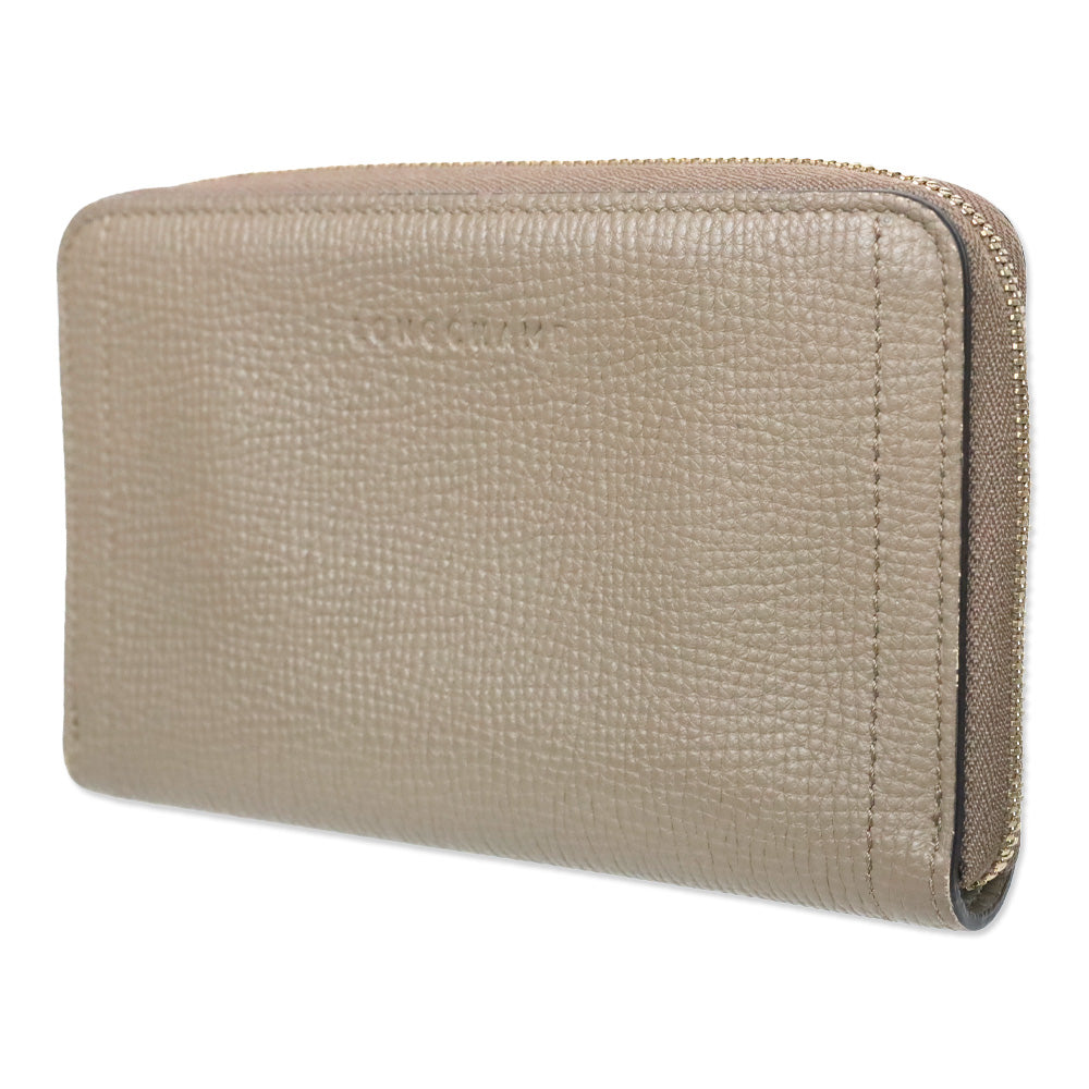 Longchamp Taupe Pebble Leather Zip-Around Wallet