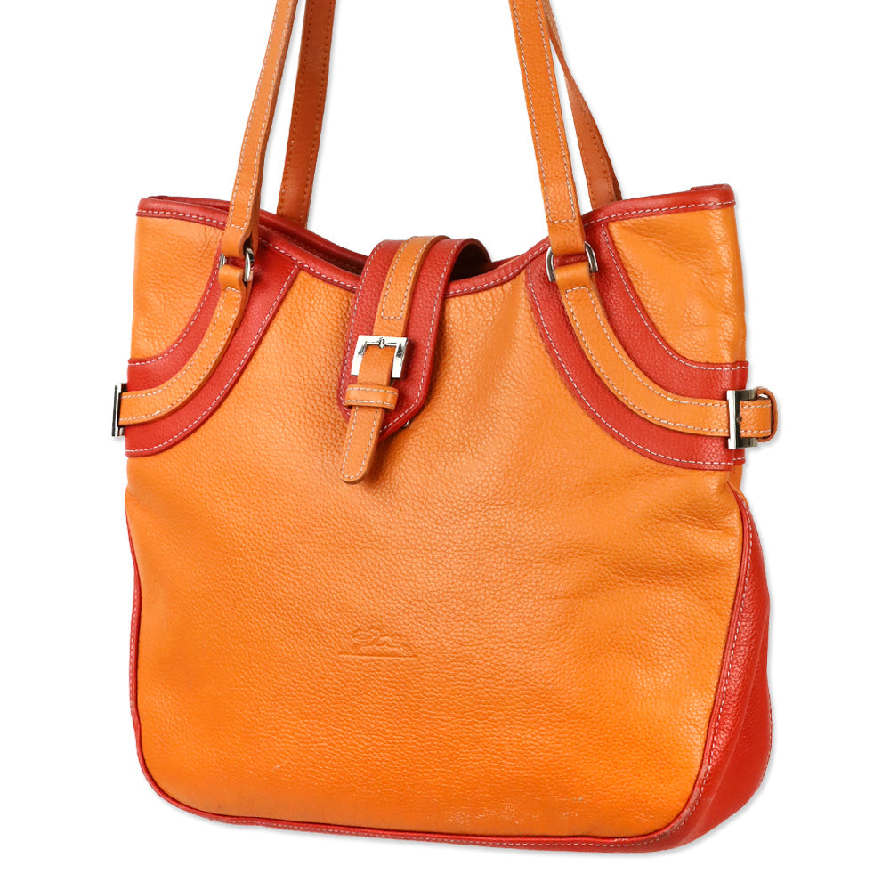 Longchamp Two-Tone Orange Leather Tote Bag
