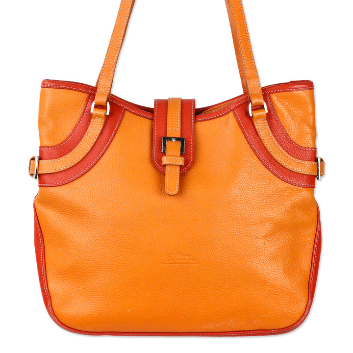 Longchamp Two-Tone Orange Leather Tote Bag