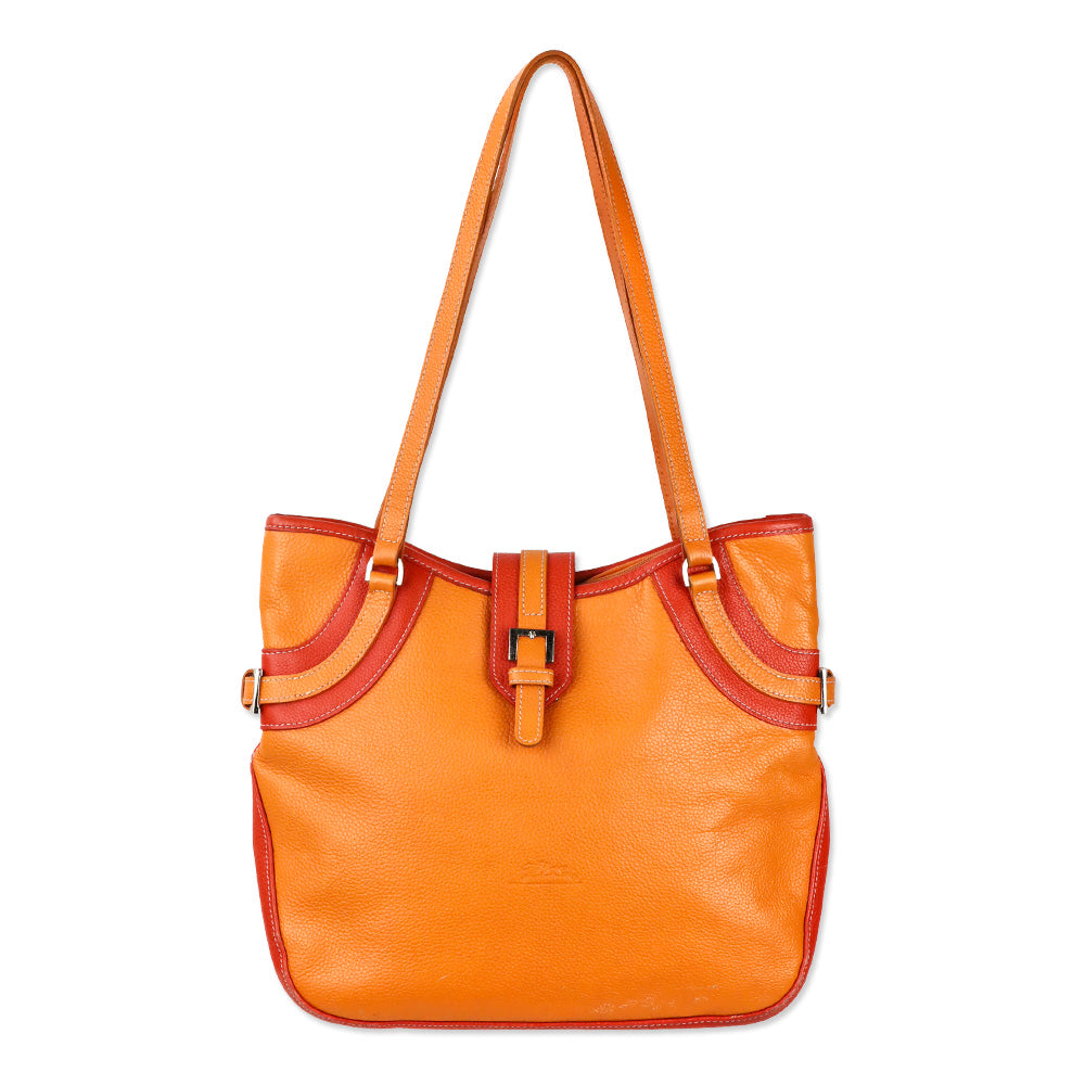 Longchamp Two-Tone Orange Leather Tote Bag