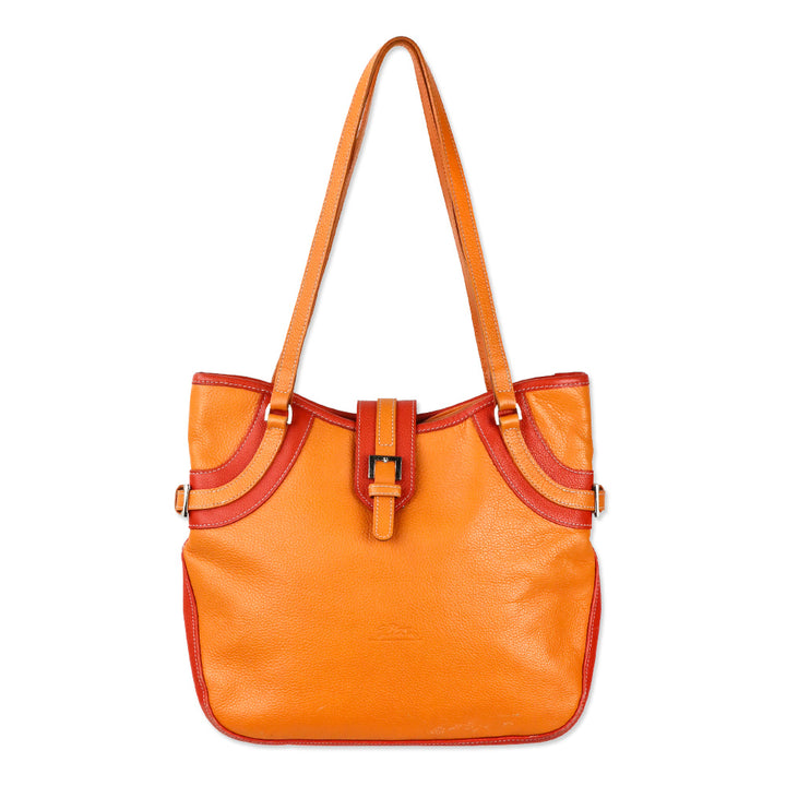 Longchamp Two-Tone Orange Leather Tote Bag