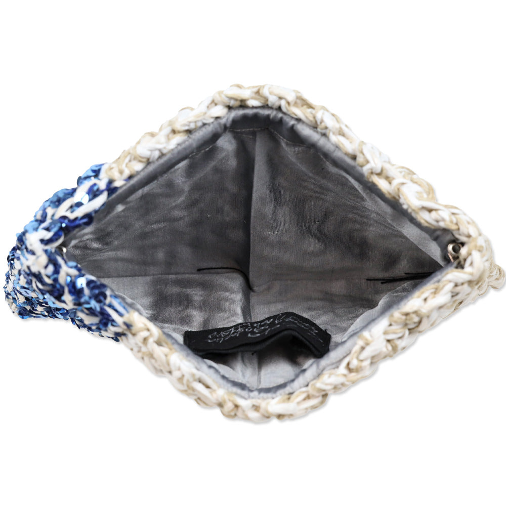 Lorenza Gandaglia Braided Raffia Blue Sequin Embellished Clutch