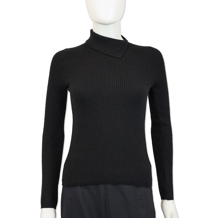 Loro Piana Black Cable Knit Cashmere Asymmetrical Collared Sweater