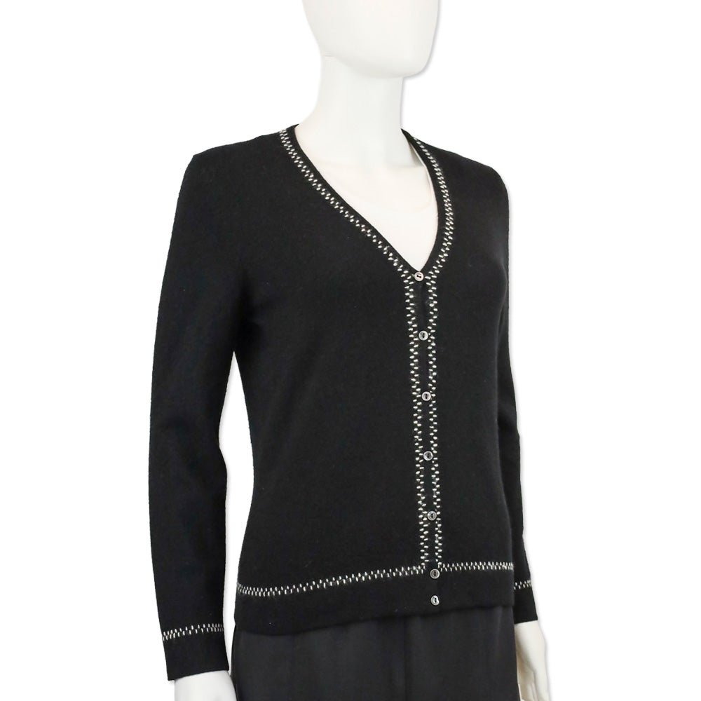 Loro Piana Black Cashmere Stitch Trim V-Neck Cardigan
