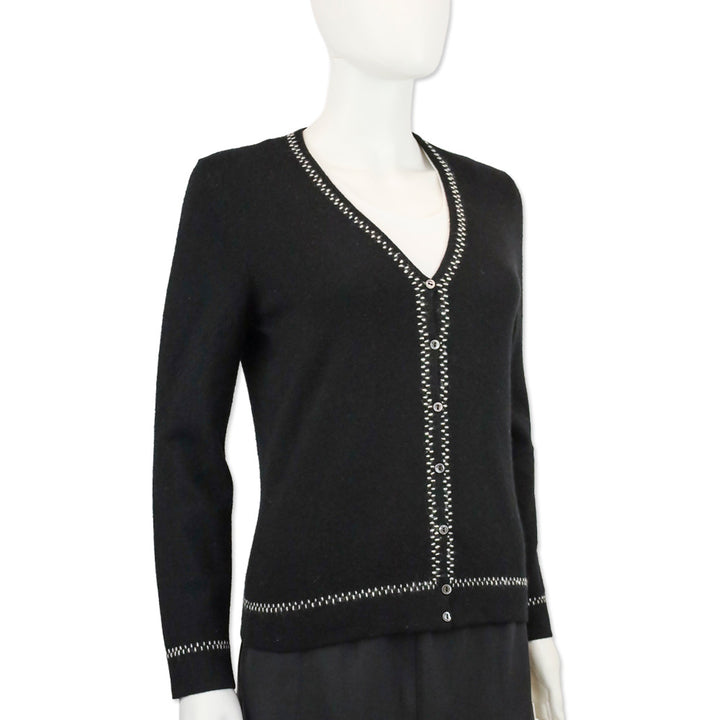 Loro Piana Black Cashmere Stitch Trim V-Neck Cardigan