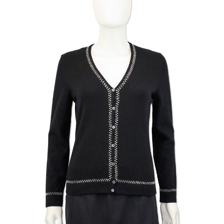 Loro Piana Black Cashmere Stitch Trim V-Neck Cardigan