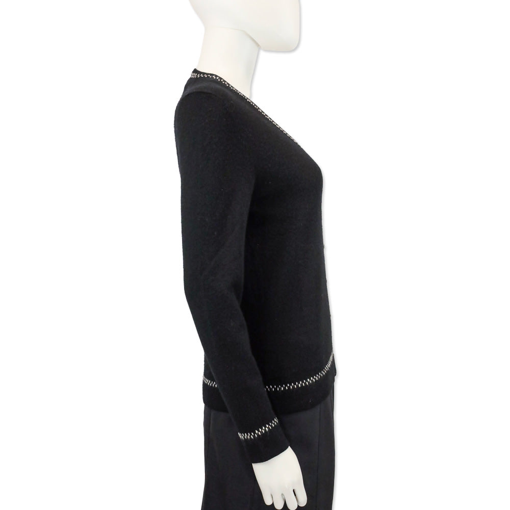 Loro Piana Black Cashmere Stitch Trim V-Neck Cardigan