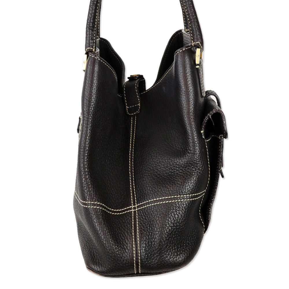 Loro Piana Brown Pebble Leather Globe Shoulder Bag