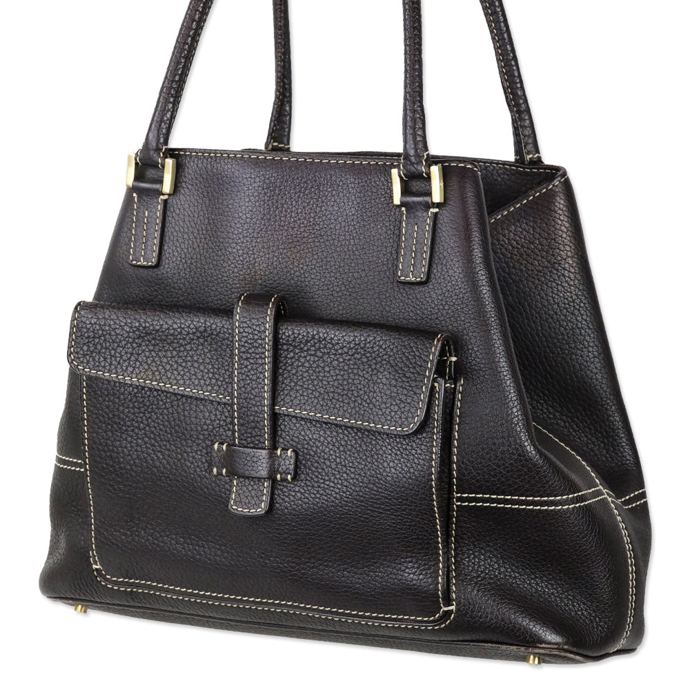 Loro Piana Brown Pebble Leather Globe Shoulder Bag