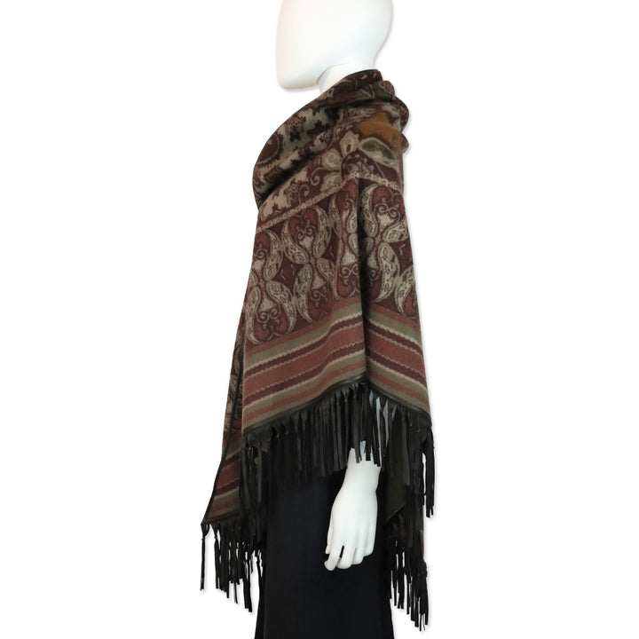 Loro Piana Burgundy/Taupe Paisley Cashmere Leather Fringe Trim Shawl