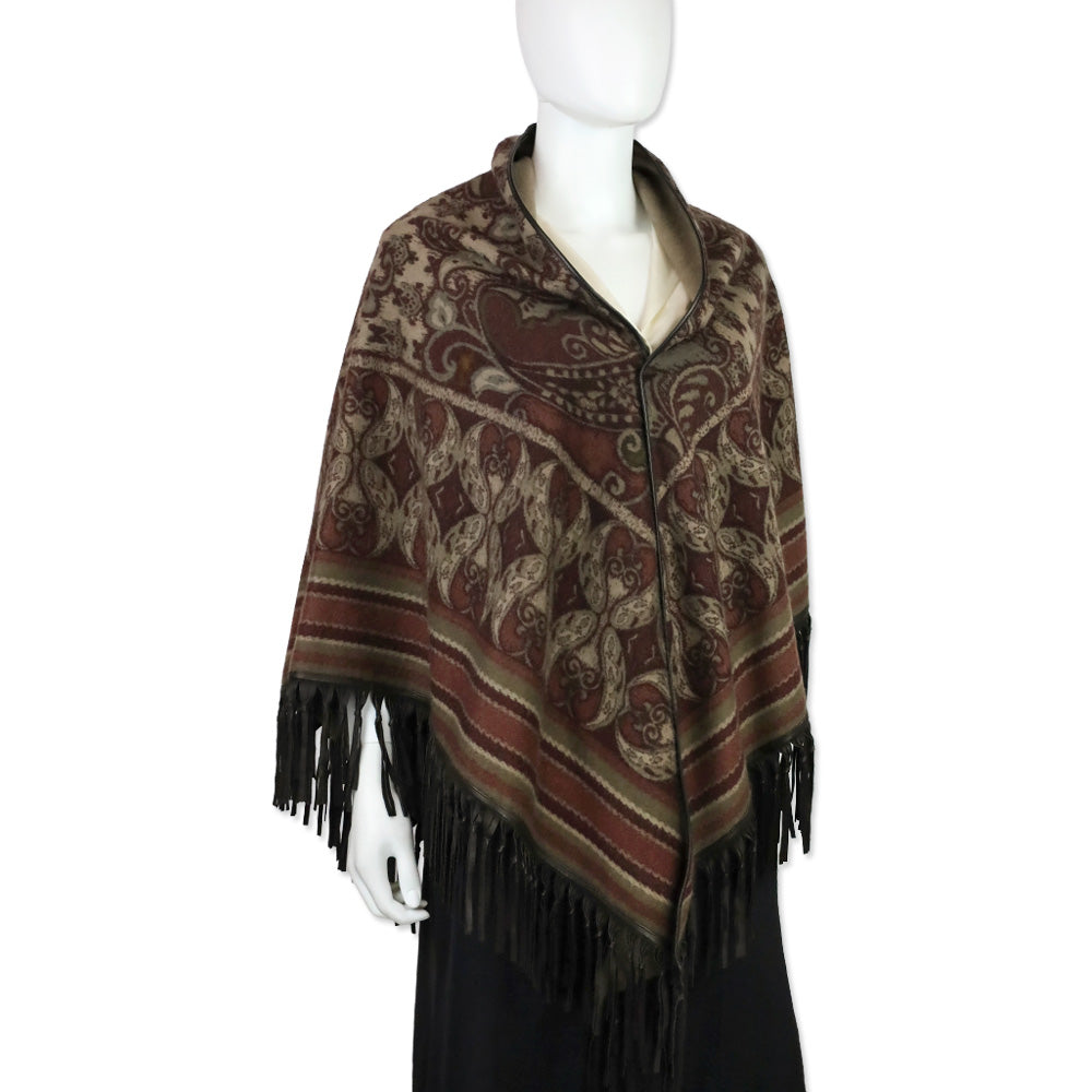Loro Piana Burgundy/Taupe Paisley Cashmere Leather Fringe Trim Shawl