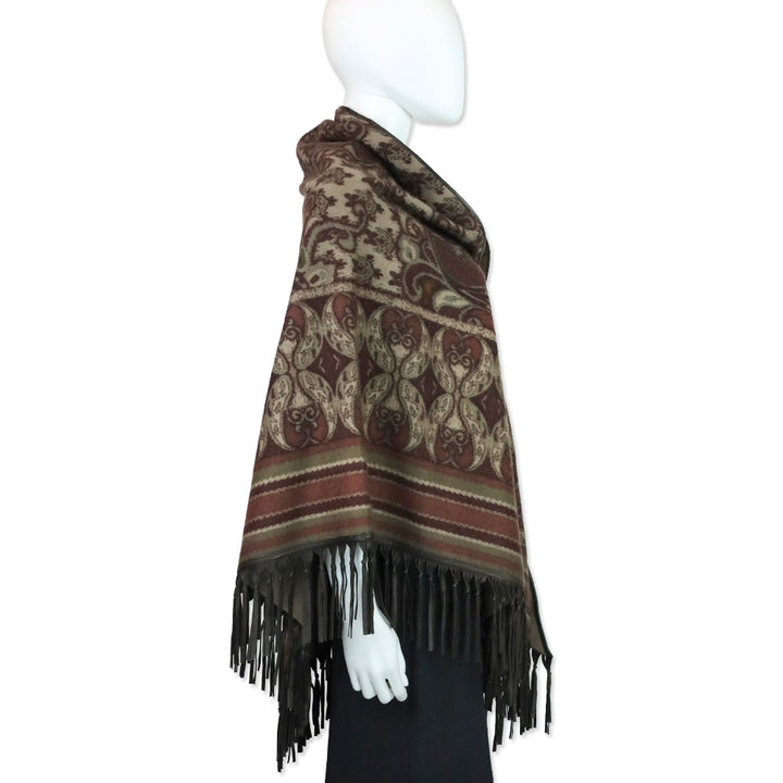 Loro Piana Burgundy/Taupe Paisley Cashmere Leather Fringe Trim Shawl