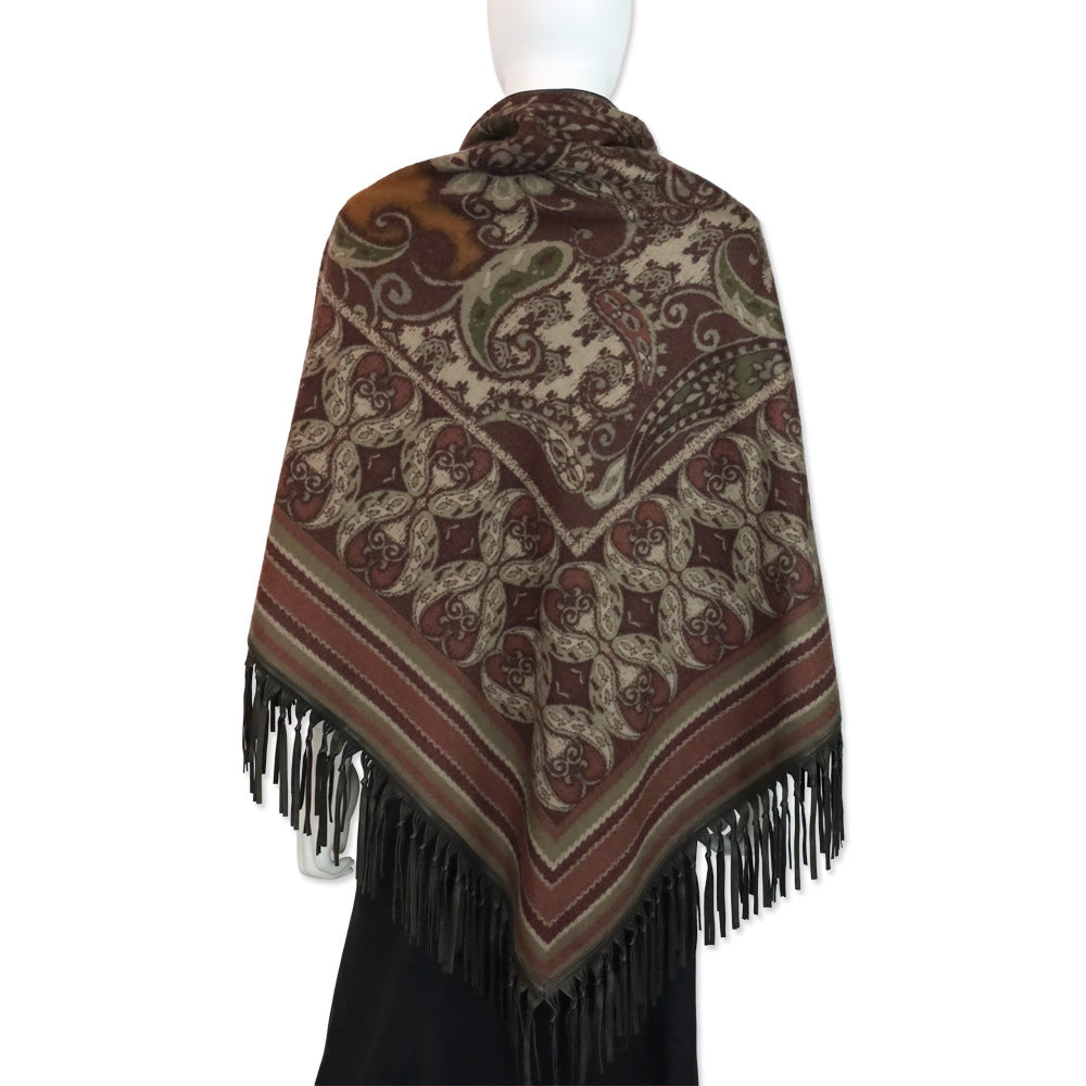 Loro Piana Burgundy/Taupe Paisley Cashmere Leather Fringe Trim Shawl