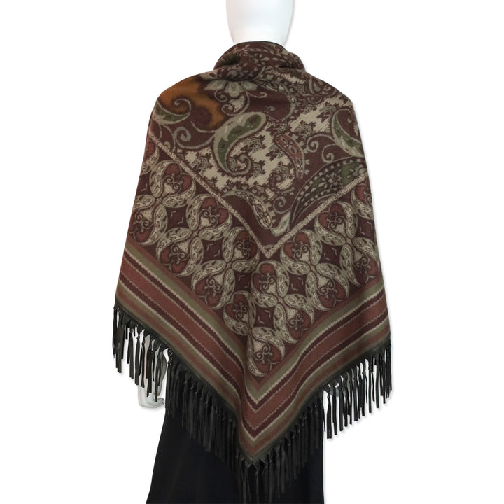 Loro Piana Burgundy/Taupe Paisley Cashmere Leather Fringe Trim Shawl
