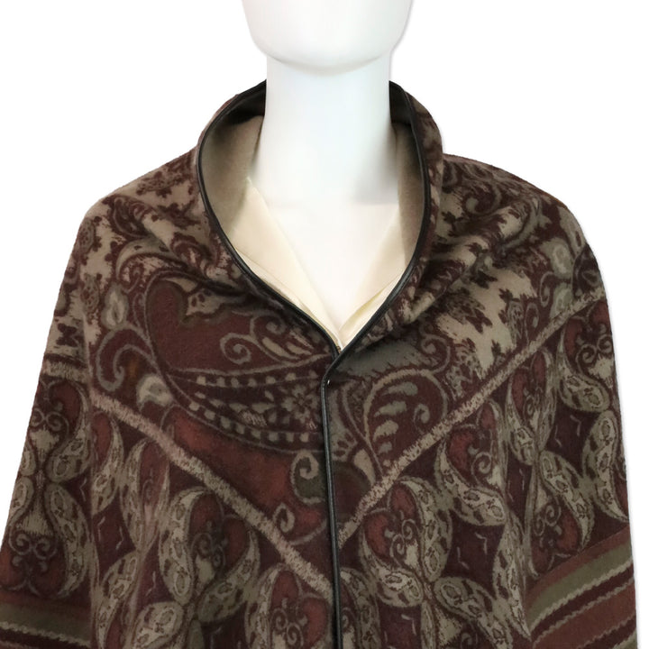 Loro Piana Burgundy/Taupe Paisley Cashmere Leather Fringe Trim Shawl