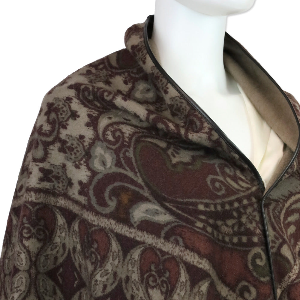 Loro Piana Burgundy/Taupe Paisley Cashmere Leather Fringe Trim Shawl